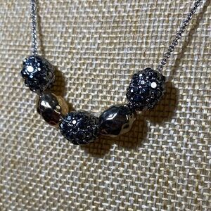 Liz Claiborne Vintage Sparkly Black Rhinestone and Silver Tone Bead Necklace.